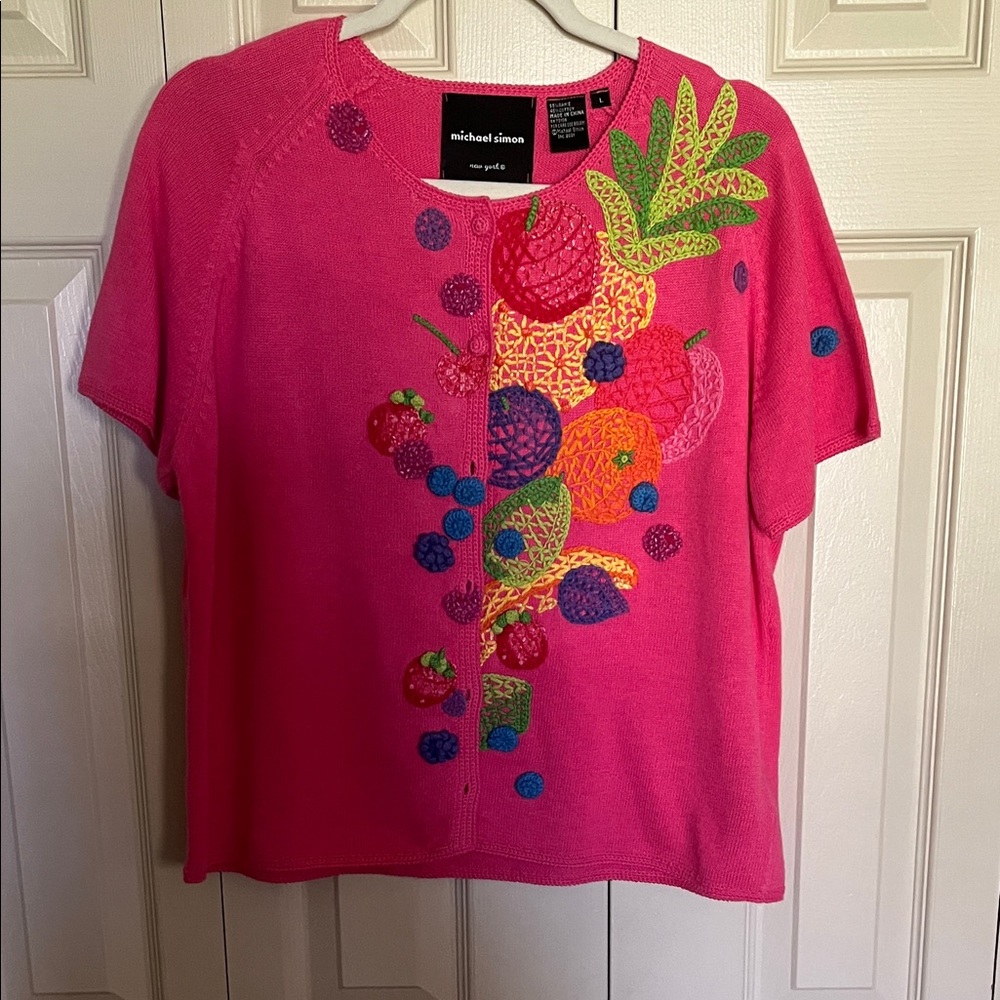 Michael Simon Hot Pink Short Sleeve Sweater with Multicolor Fruit Embroidery